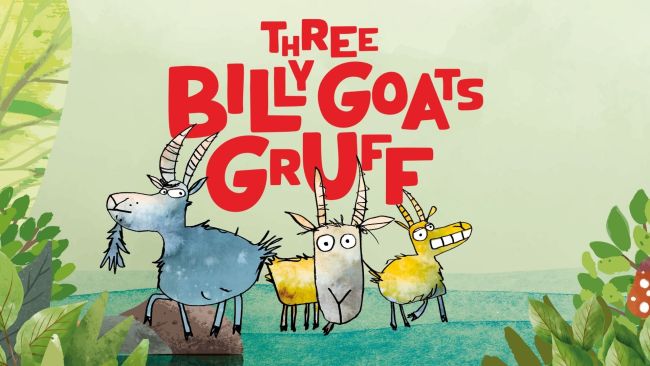 An illustration of three goats. Red text says Three Billy Goat's Gruff. 