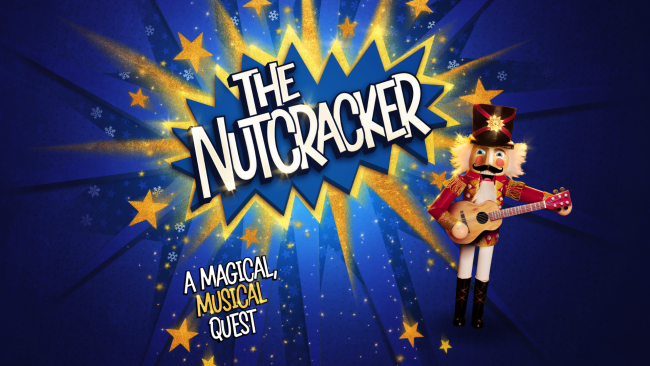 A nutcracker in a red coat and hat with white hair and a black moustache against a blue background with gold stars. Text reads ‘The Nutcracker. A magical, musical quest’. 