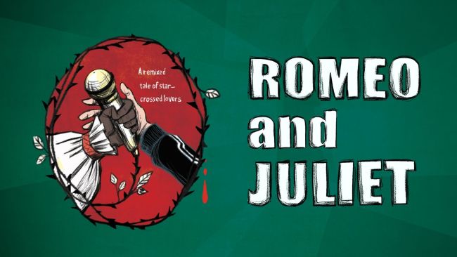 An illustration of two hands holding a microphone. One arm in a sweatshirt sleeve and one in an Elizabethan style shirt. Text reads 'Romeo and Juliet'. 