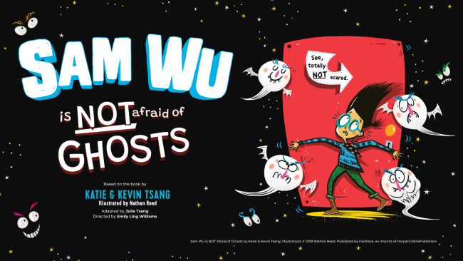An illustration of a young boy with a blue jumper and glasses looking frightened. He is surrounded by ghosts. Text reads: Sam Wu is NOT Afraid of Ghosts. 