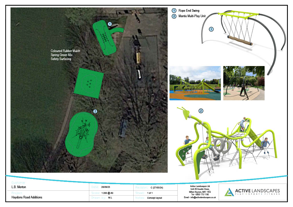 Playground proposals for Haydons Road Recreation ground with the following facilities:  Rope End Swing 2 Mantis Multi-Play Unit