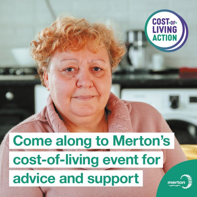 Image shows a woman with short, red hair and a pink jumper looking at the camera. She is sitting in a kitchen and a washing machine is visible behind her. The wording on the image reads 'Come along to Merton's cost-of-living event for advice and support.' 